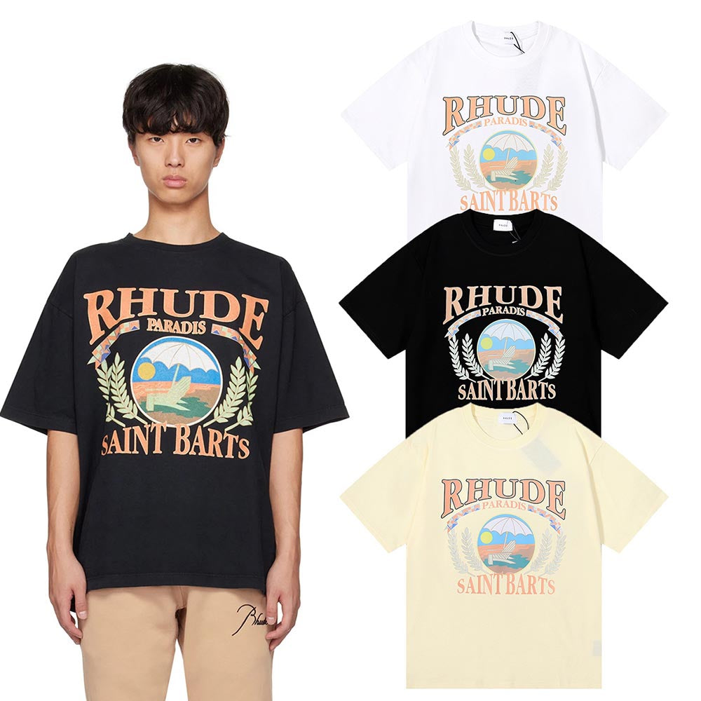 Rhude T-shirts Sunset Beach Cozy Pattern Printed Cotton Casual Loose Short Sleeve Men and Women